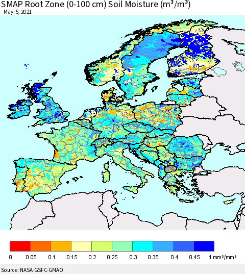 Europe SMAP Root Zone (0-100 cm) Soil Moisture (m³/m³) Thematic Map For 5/1/2021 - 5/5/2021