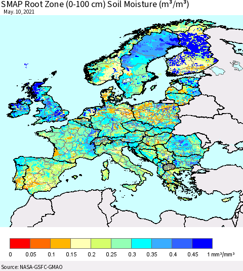 Europe SMAP Root Zone (0-100 cm) Soil Moisture (m³/m³) Thematic Map For 5/6/2021 - 5/10/2021