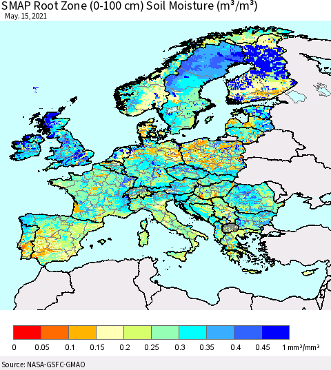 Europe SMAP Root Zone (0-100 cm) Soil Moisture (m³/m³) Thematic Map For 5/11/2021 - 5/15/2021