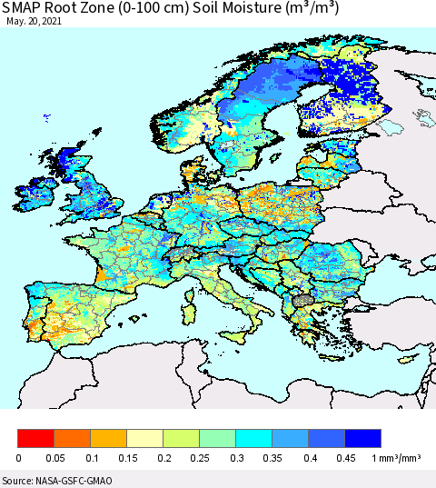 Europe SMAP Root Zone (0-100 cm) Soil Moisture (m³/m³) Thematic Map For 5/16/2021 - 5/20/2021