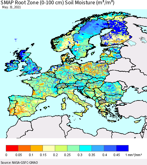 Europe SMAP Root Zone (0-100 cm) Soil Moisture (m³/m³) Thematic Map For 5/26/2021 - 5/31/2021