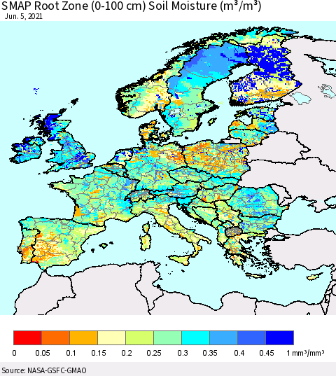 Europe SMAP Root Zone (0-100 cm) Soil Moisture (m³/m³) Thematic Map For 6/1/2021 - 6/5/2021