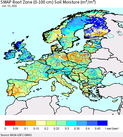 Europe SMAP Root Zone (0-100 cm) Soil Moisture (m³/m³) Thematic Map For 6/6/2021 - 6/10/2021
