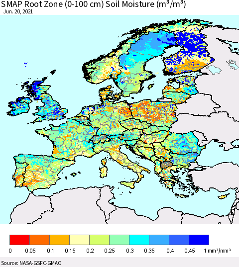 Europe SMAP Root Zone (0-100 cm) Soil Moisture (m³/m³) Thematic Map For 6/16/2021 - 6/20/2021