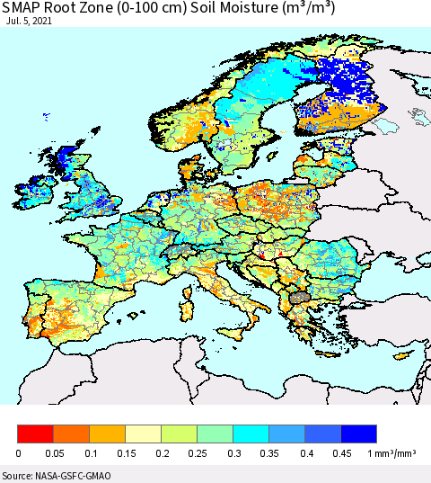 Europe SMAP Root Zone (0-100 cm) Soil Moisture (m³/m³) Thematic Map For 7/1/2021 - 7/5/2021