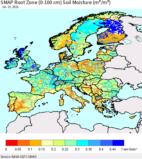 Europe SMAP Root Zone (0-100 cm) Soil Moisture (m³/m³) Thematic Map For 7/11/2021 - 7/15/2021