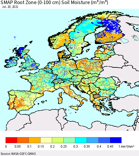Europe SMAP Root Zone (0-100 cm) Soil Moisture (m³/m³) Thematic Map For 7/16/2021 - 7/20/2021