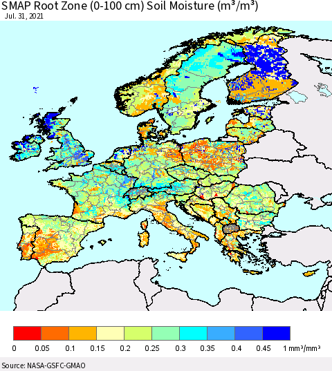 Europe SMAP Root Zone (0-100 cm) Soil Moisture (m³/m³) Thematic Map For 7/26/2021 - 7/31/2021