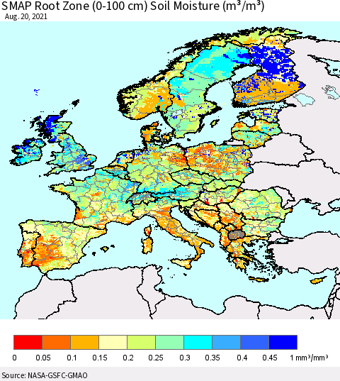 Europe SMAP Root Zone (0-100 cm) Soil Moisture (m³/m³) Thematic Map For 8/16/2021 - 8/20/2021