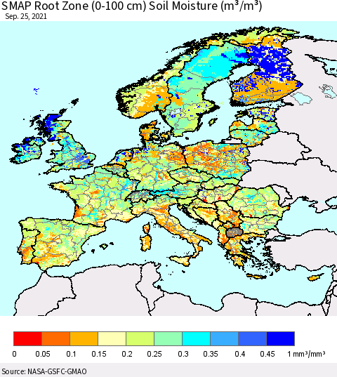 Europe SMAP Root Zone (0-100 cm) Soil Moisture (m³/m³) Thematic Map For 9/21/2021 - 9/25/2021