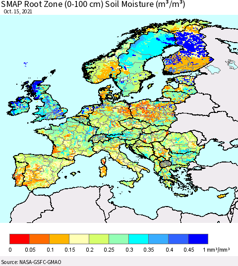 Europe SMAP Root Zone (0-100 cm) Soil Moisture (m³/m³) Thematic Map For 10/11/2021 - 10/15/2021