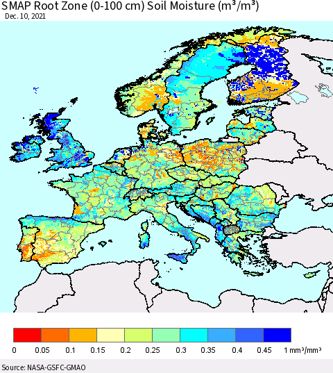 Europe SMAP Root Zone (0-100 cm) Soil Moisture (m³/m³) Thematic Map For 12/6/2021 - 12/10/2021