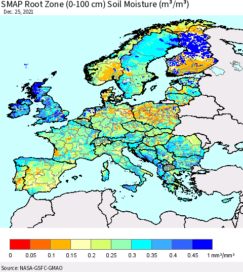Europe SMAP Root Zone (0-100 cm) Soil Moisture (m³/m³) Thematic Map For 12/21/2021 - 12/25/2021
