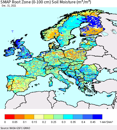 Europe SMAP Root Zone (0-100 cm) Soil Moisture (m³/m³) Thematic Map For 12/26/2021 - 12/31/2021