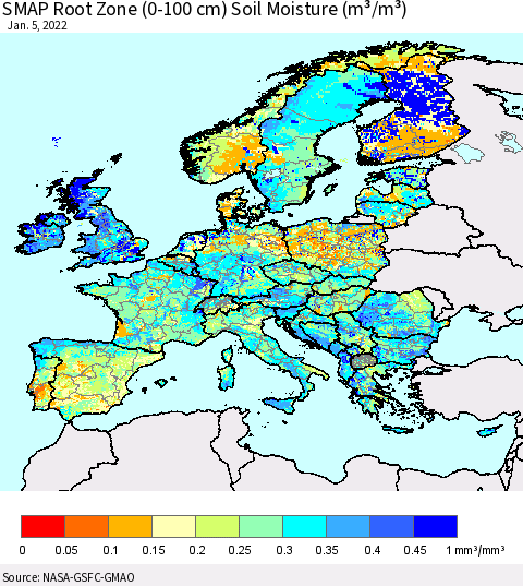 Europe SMAP Root Zone (0-100 cm) Soil Moisture (m³/m³) Thematic Map For 1/1/2022 - 1/5/2022