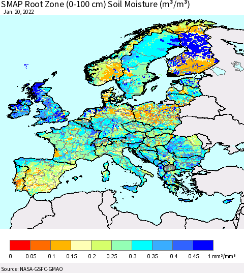 Europe SMAP Root Zone (0-100 cm) Soil Moisture (m³/m³) Thematic Map For 1/16/2022 - 1/20/2022