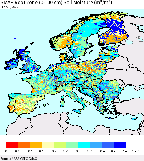 Europe SMAP Root Zone (0-100 cm) Soil Moisture (m³/m³) Thematic Map For 2/1/2022 - 2/5/2022