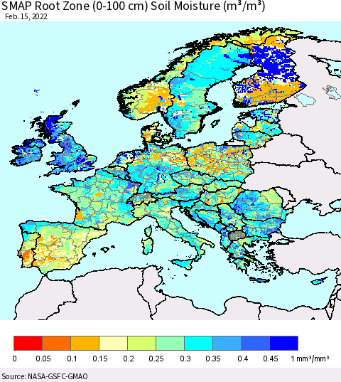Europe SMAP Root Zone (0-100 cm) Soil Moisture (m³/m³) Thematic Map For 2/11/2022 - 2/15/2022