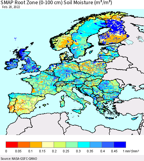 Europe SMAP Root Zone (0-100 cm) Soil Moisture (m³/m³) Thematic Map For 2/16/2022 - 2/20/2022