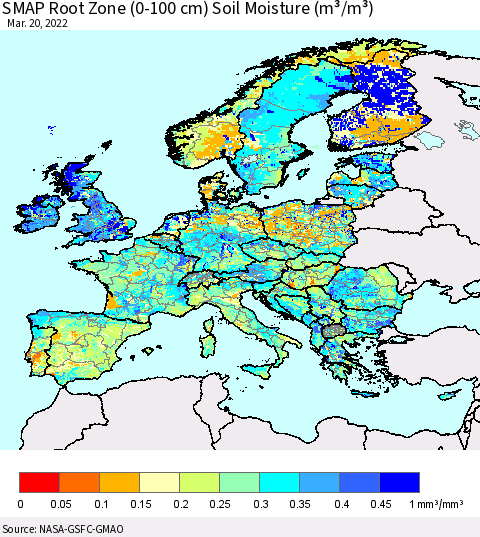 Europe SMAP Root Zone (0-100 cm) Soil Moisture (m³/m³) Thematic Map For 3/16/2022 - 3/20/2022
