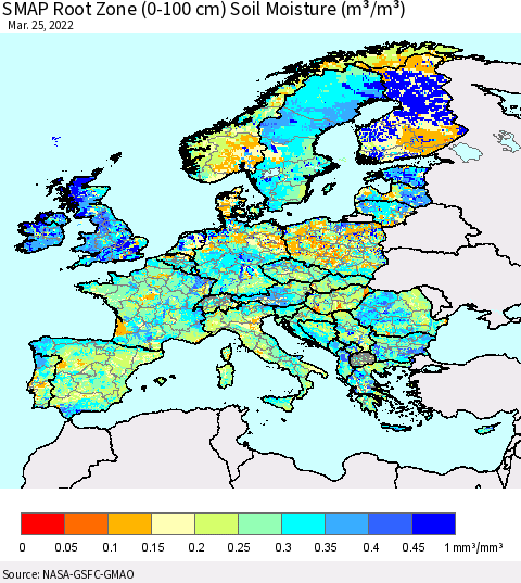 Europe SMAP Root Zone (0-100 cm) Soil Moisture (m³/m³) Thematic Map For 3/21/2022 - 3/25/2022