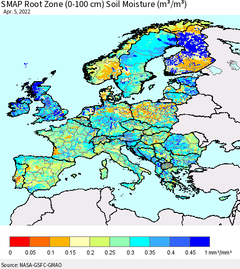 Europe SMAP Root Zone (0-100 cm) Soil Moisture (m³/m³) Thematic Map For 4/1/2022 - 4/5/2022
