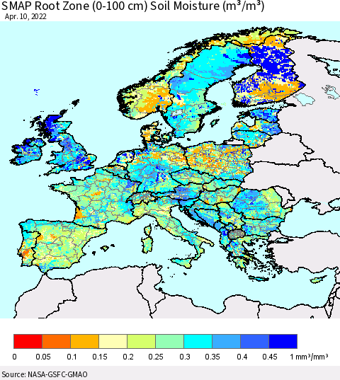 Europe SMAP Root Zone (0-100 cm) Soil Moisture (m³/m³) Thematic Map For 4/6/2022 - 4/10/2022