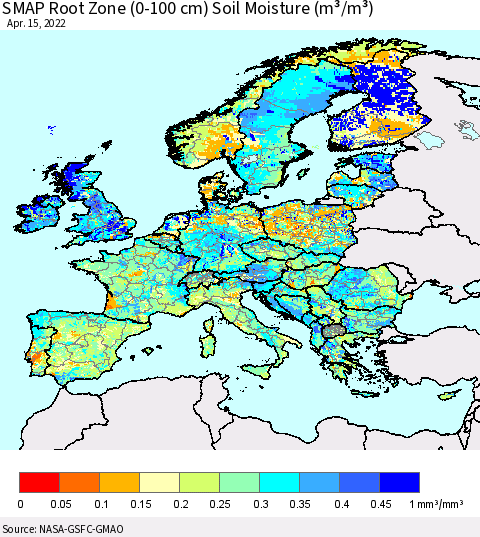 Europe SMAP Root Zone (0-100 cm) Soil Moisture (m³/m³) Thematic Map For 4/11/2022 - 4/15/2022