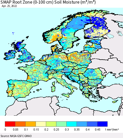 Europe SMAP Root Zone (0-100 cm) Soil Moisture (m³/m³) Thematic Map For 4/21/2022 - 4/25/2022
