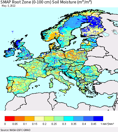 Europe SMAP Root Zone (0-100 cm) Soil Moisture (m³/m³) Thematic Map For 5/1/2022 - 5/5/2022