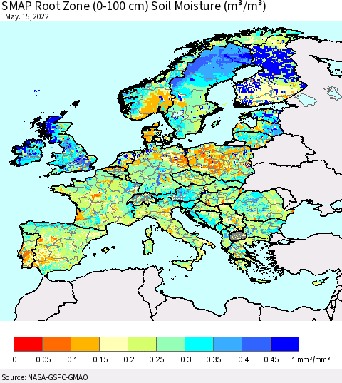 Europe SMAP Root Zone (0-100 cm) Soil Moisture (m³/m³) Thematic Map For 5/11/2022 - 5/15/2022
