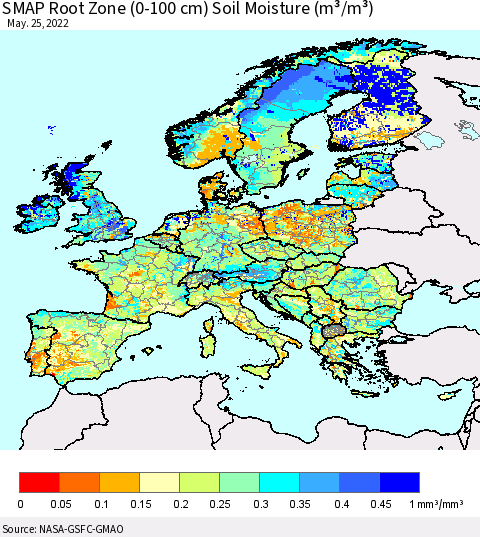 Europe SMAP Root Zone (0-100 cm) Soil Moisture (m³/m³) Thematic Map For 5/21/2022 - 5/25/2022