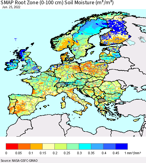 Europe SMAP Root Zone (0-100 cm) Soil Moisture (m³/m³) Thematic Map For 6/21/2022 - 6/25/2022