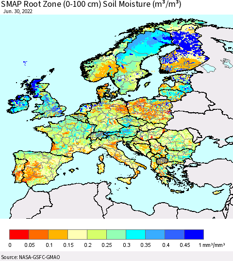 Europe SMAP Root Zone (0-100 cm) Soil Moisture (m³/m³) Thematic Map For 6/26/2022 - 6/30/2022