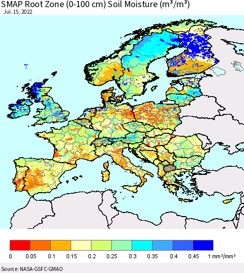Europe SMAP Root Zone (0-100 cm) Soil Moisture (m³/m³) Thematic Map For 7/11/2022 - 7/15/2022