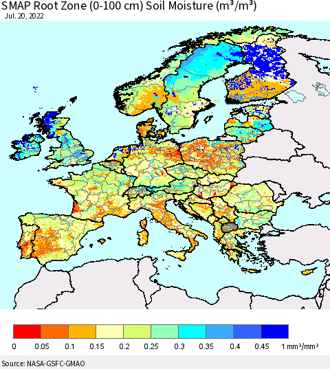 Europe SMAP Root Zone (0-100 cm) Soil Moisture (m³/m³) Thematic Map For 7/16/2022 - 7/20/2022