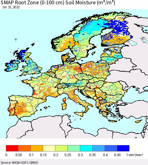 Europe SMAP Root Zone (0-100 cm) Soil Moisture (m³/m³) Thematic Map For 7/26/2022 - 7/31/2022