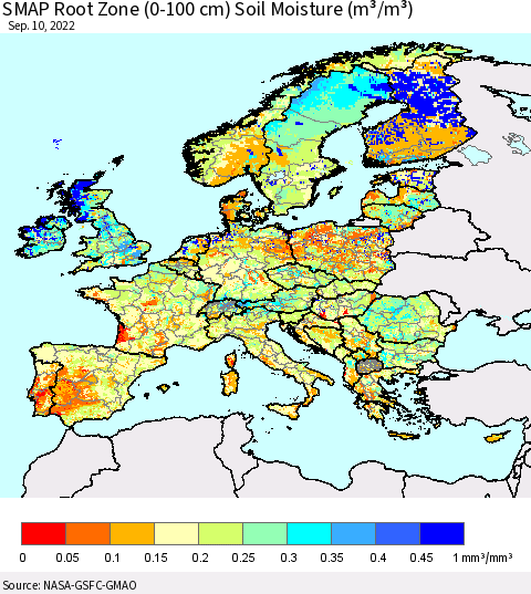 Europe SMAP Root Zone (0-100 cm) Soil Moisture (m³/m³) Thematic Map For 9/6/2022 - 9/10/2022