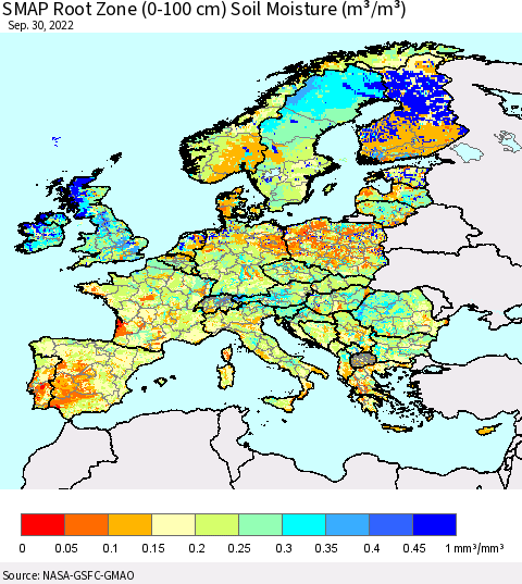 Europe SMAP Root Zone (0-100 cm) Soil Moisture (m³/m³) Thematic Map For 9/26/2022 - 9/30/2022