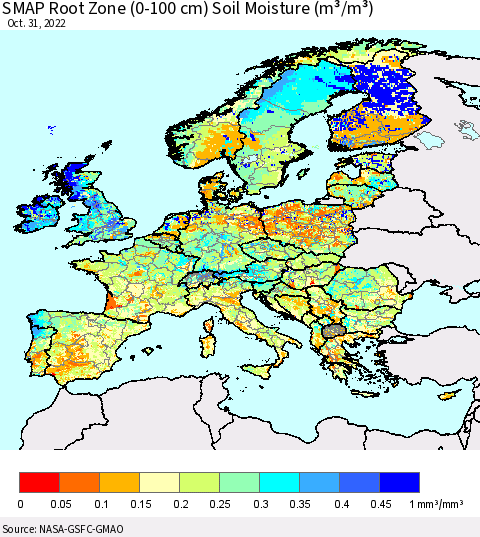 Europe SMAP Root Zone (0-100 cm) Soil Moisture (m³/m³) Thematic Map For 10/26/2022 - 10/31/2022
