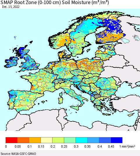 Europe SMAP Root Zone (0-100 cm) Soil Moisture (m³/m³) Thematic Map For 12/11/2022 - 12/15/2022