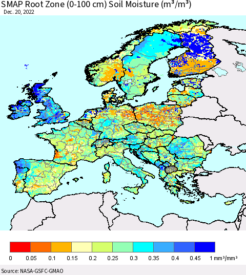 Europe SMAP Root Zone (0-100 cm) Soil Moisture (m³/m³) Thematic Map For 12/16/2022 - 12/20/2022