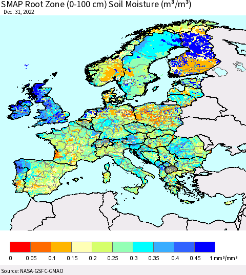 Europe SMAP Root Zone (0-100 cm) Soil Moisture (m³/m³) Thematic Map For 12/26/2022 - 12/31/2022