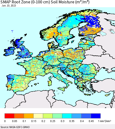 Europe SMAP Root Zone (0-100 cm) Soil Moisture (m³/m³) Thematic Map For 1/6/2023 - 1/10/2023