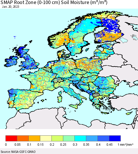Europe SMAP Root Zone (0-100 cm) Soil Moisture (m³/m³) Thematic Map For 1/16/2023 - 1/20/2023