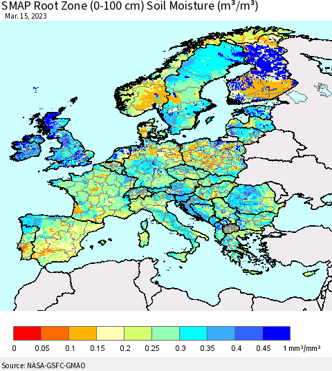Europe SMAP Root Zone (0-100 cm) Soil Moisture (m³/m³) Thematic Map For 3/11/2023 - 3/15/2023