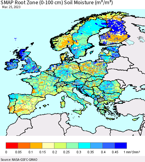 Europe SMAP Root Zone (0-100 cm) Soil Moisture (m³/m³) Thematic Map For 3/21/2023 - 3/25/2023