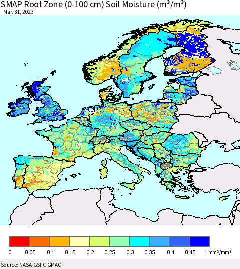 Europe SMAP Root Zone (0-100 cm) Soil Moisture (m³/m³) Thematic Map For 3/26/2023 - 3/31/2023