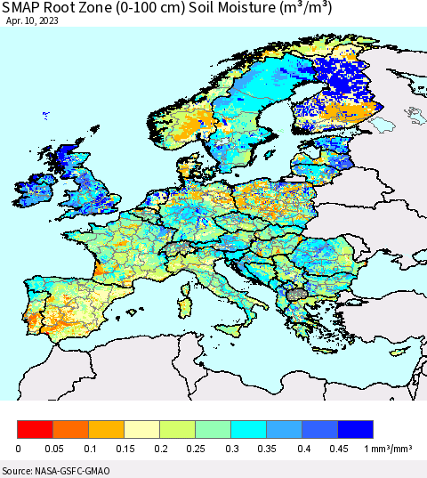 Europe SMAP Root Zone (0-100 cm) Soil Moisture (m³/m³) Thematic Map For 4/6/2023 - 4/10/2023