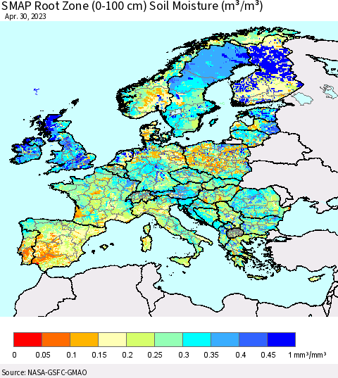 Europe SMAP Root Zone (0-100 cm) Soil Moisture (m³/m³) Thematic Map For 4/26/2023 - 4/30/2023